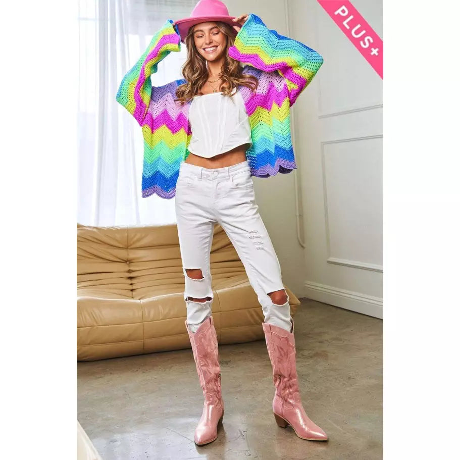 Rainbow Multi Color Wavy Knit Sweater Cardigan S-3X
