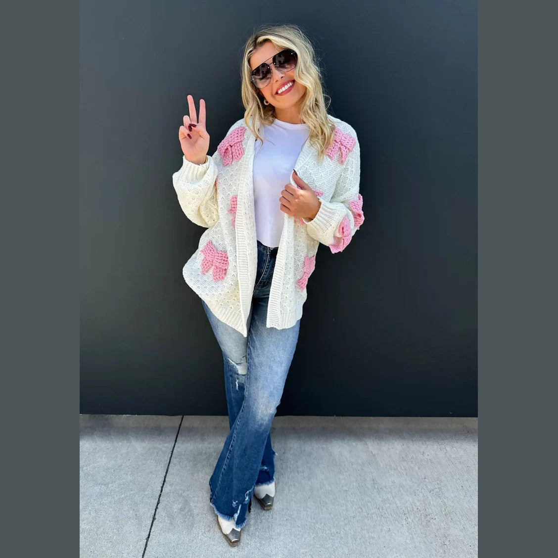 Bow Knit Cardigan - Ivory with Pink Ribbons