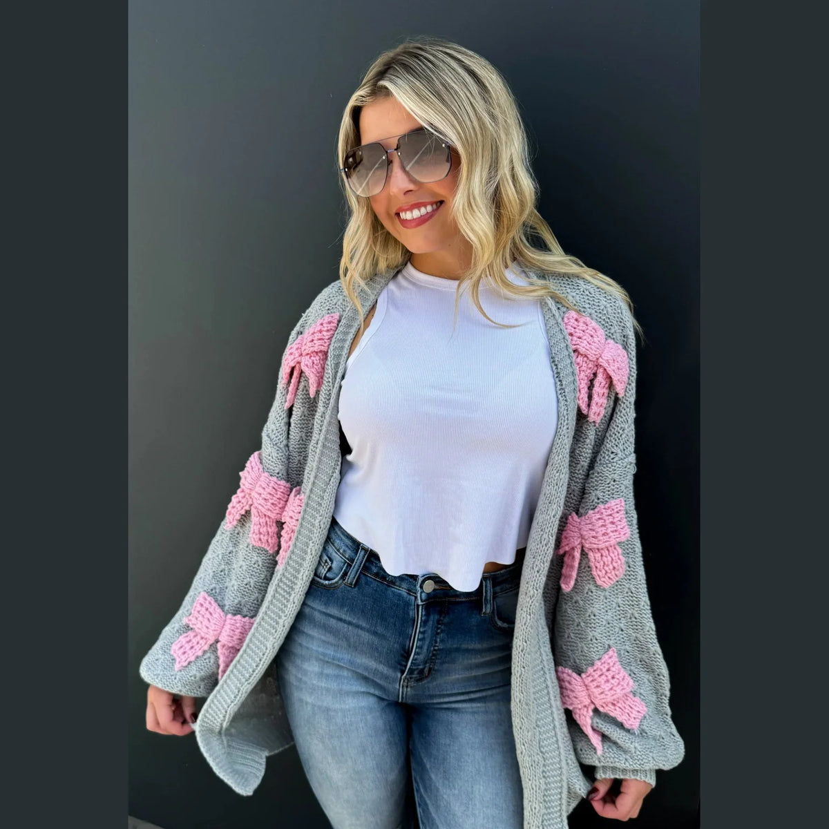 Bow Knit Cardigan - Grey with Pink Ribbons`